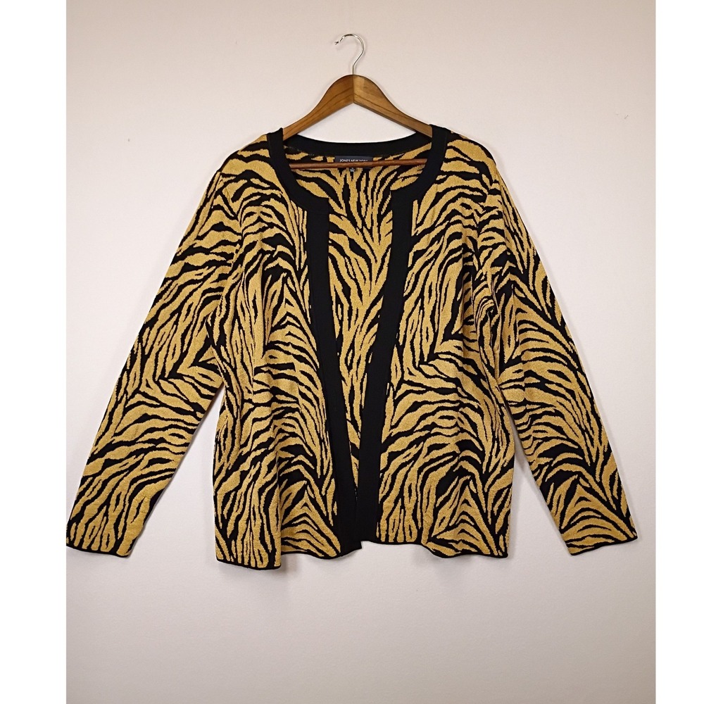 Mob‎ Wife Jones New York Woman 1X Gold Black Zebra Print Metallic Open Cardigan